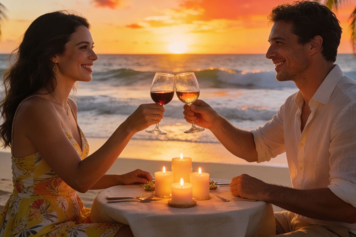 Couple enjoying a romantic beach sunset dinner