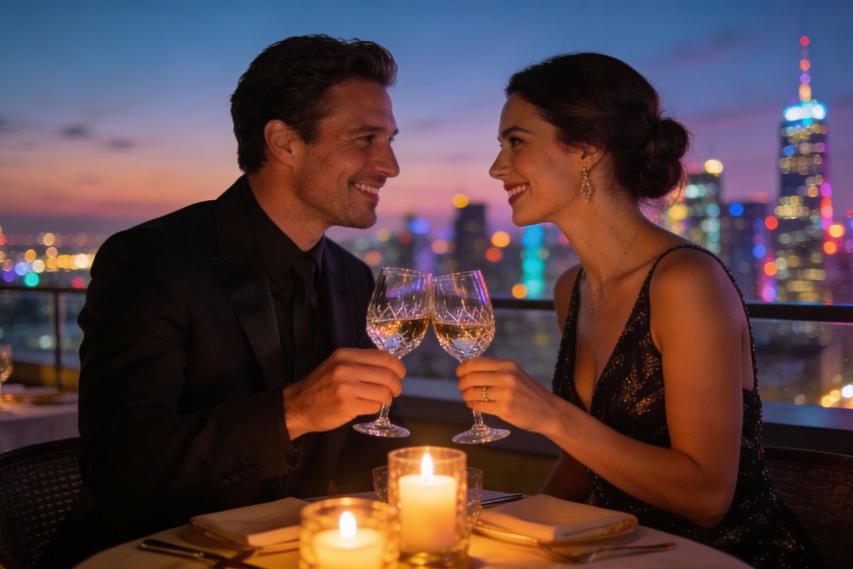 Couple enjoying a romantic rooftop dinner